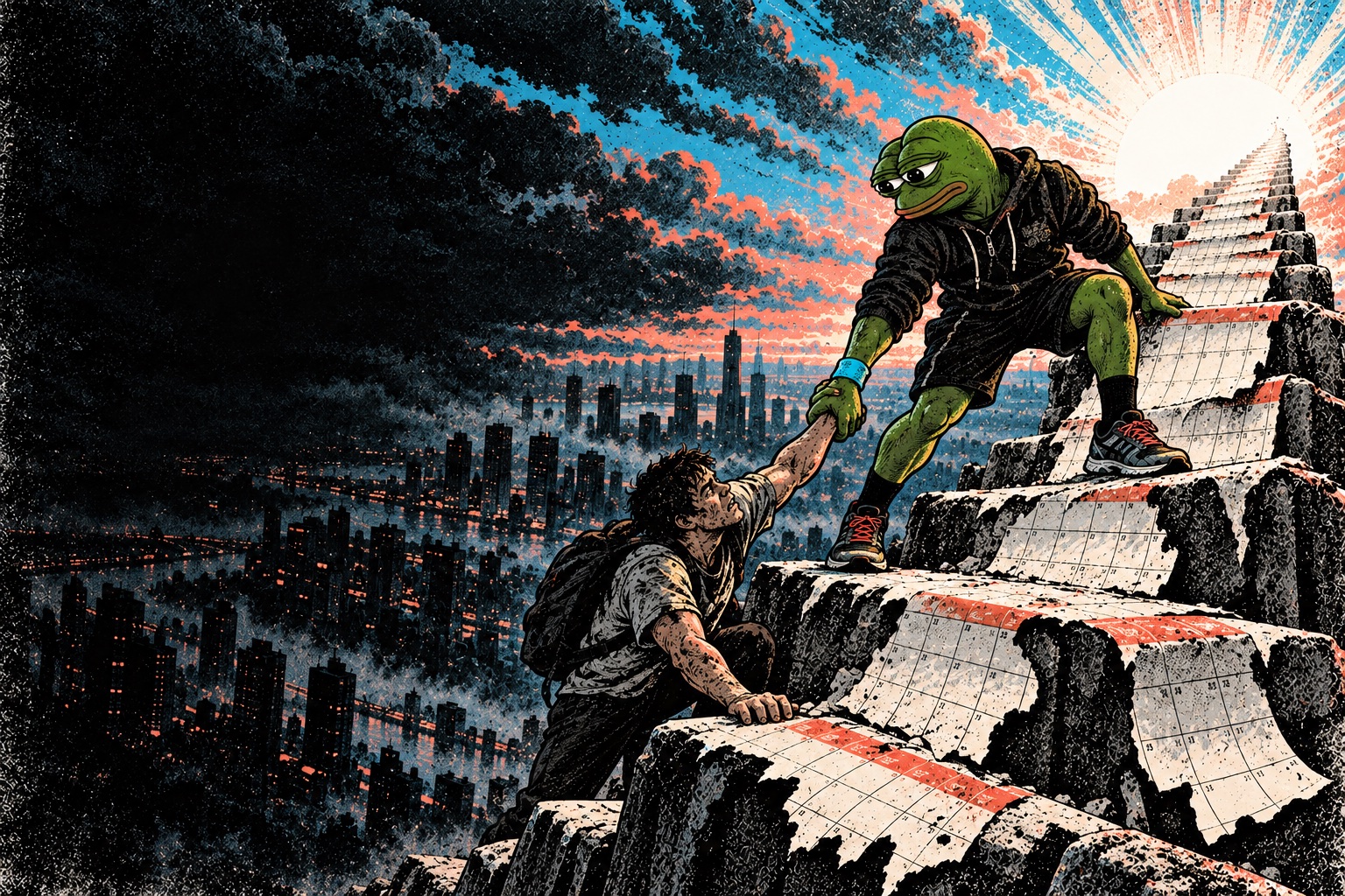Pepe the Frog reaches from the top of a brutal staircase to pull another climber toward the dawn.